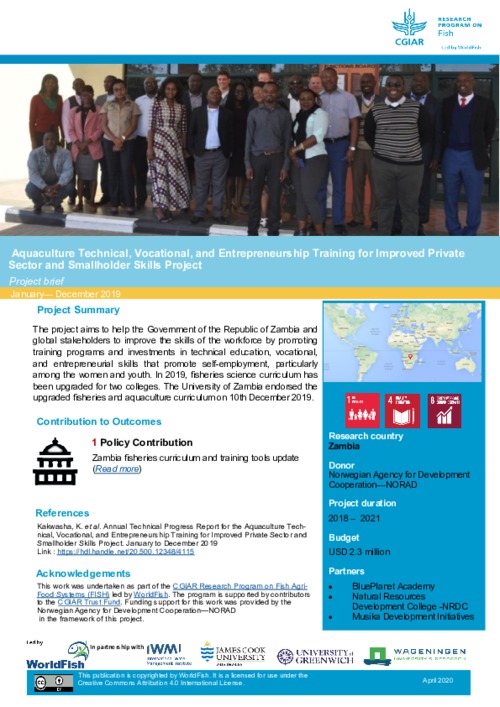 Aquaculture Technical, Vocational, and Entrepreneurship Training for Improved Private Sector and Smallholder Skills : Project brief January - December 2019 Aquaculture Technical, Vocational, and Entrepreneurship Training for Improved Private Sector and Smallholder Skills : Project brief January - December 2019
