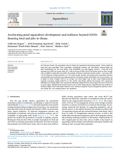 Accelerating pond aquaculture development and resilience beyond COVID: Ensuring food and jobs in Ghana Accelerating pond aquaculture development and resilience beyond COVID: Ensuring food and jobs in Ghana