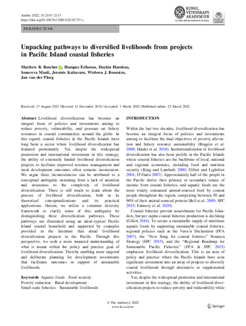 Unpacking pathways to diversified livelihoods from projects in Pacific Island coastal fisheries Unpacking pathways to diversified livelihoods from projects in Pacific Island coastal fisheries