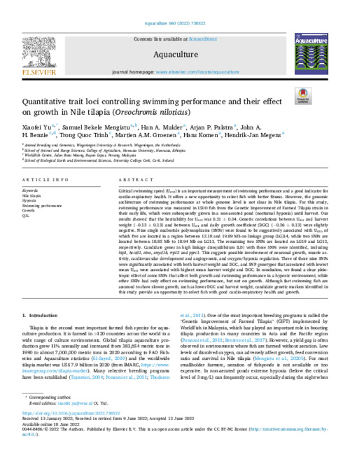 Quantitative trait loci controlling swimming performance and their effect on growth in Nile tilapia (Oreochromis niloticus) Quantitative trait loci controlling swimming performance and their effect on growth in Nile tilapia (Oreochromis niloticus)