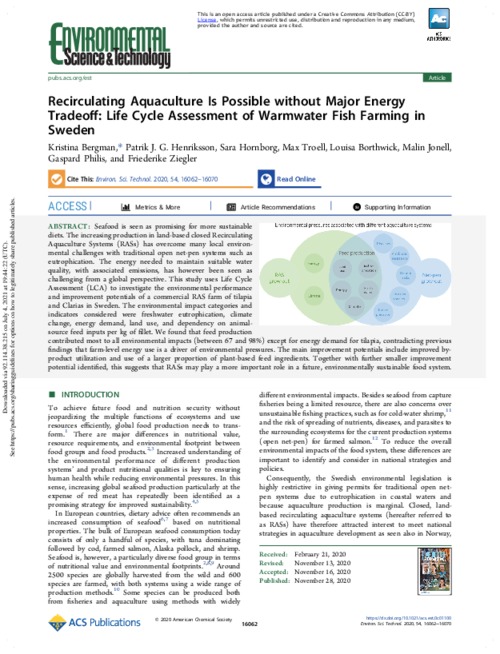 Recirculating Aquaculture Is Possible without Major Energy Tradeoff: Life Cycle Assessment of Warmwater Fish Farming in Sweden
