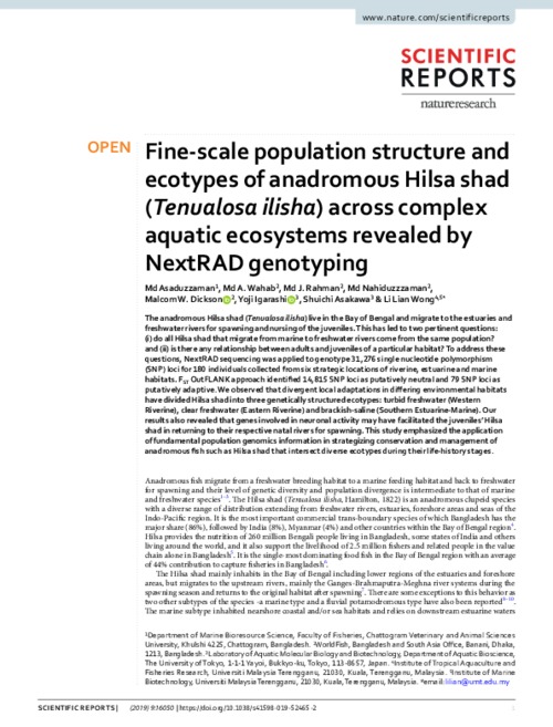 Fine-scale population structure and ecotypes of anadromous Hilsa shad (Tenualosa ilisha) across complex aquatic ecosystems revealed by NextRAD genotyping