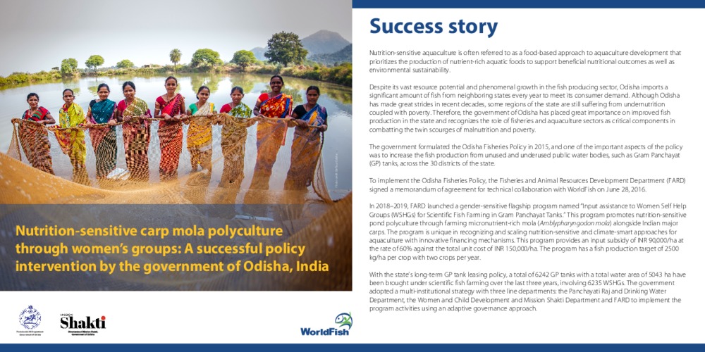 Nutrition-sensitive carp mola polyculture through women’s groups: A successful policy intervention by the government of Odisha, India Nutrition-sensitive carp mola polyculture through women’s groups: A successful policy intervention by the government of Odisha, India