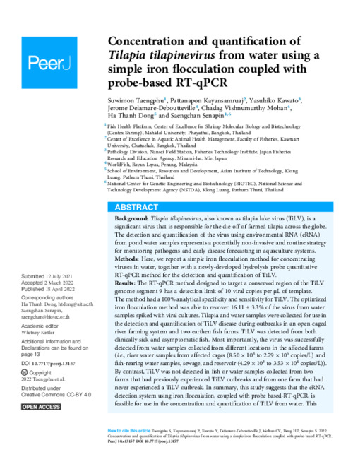 Concentration and quantification of Tilapia tilapinevirus from water using a simple iron flocculation coupled with probe-based RT-qPCR Concentration and quantification of Tilapia tilapinevirus from water using a simple iron flocculation coupled with probe-based RT-qPCR