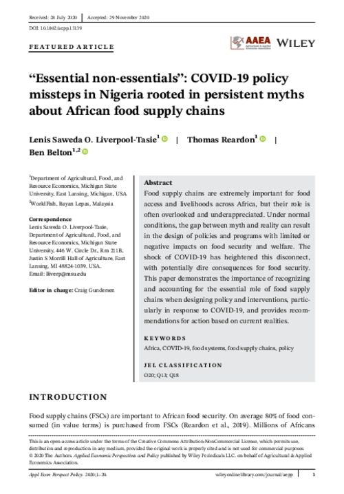 “Essential non-essentials”: COVID-19 policy missteps in Nigeria rooted in persistent myths about African food supply chains