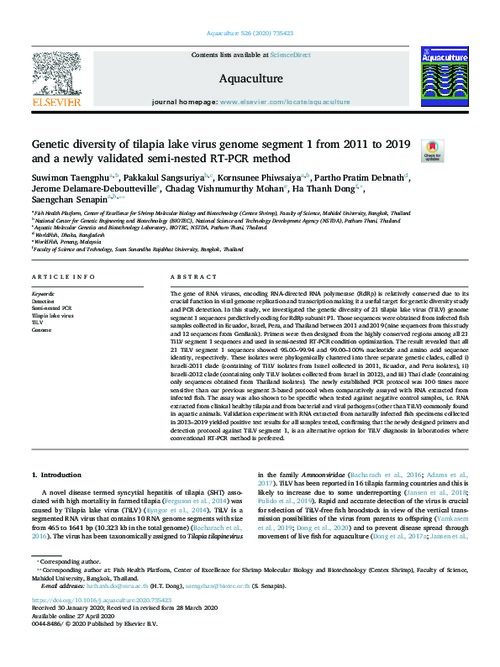 Genetic diversity of tilapia lake virus genome segment 1 from 2011 to 2019 and a newly validated semi-nested RT-PCR method Genetic diversity of tilapia lake virus genome segment 1 from 2011 to 2019 and a newly validated semi-nested RT-PCR method
