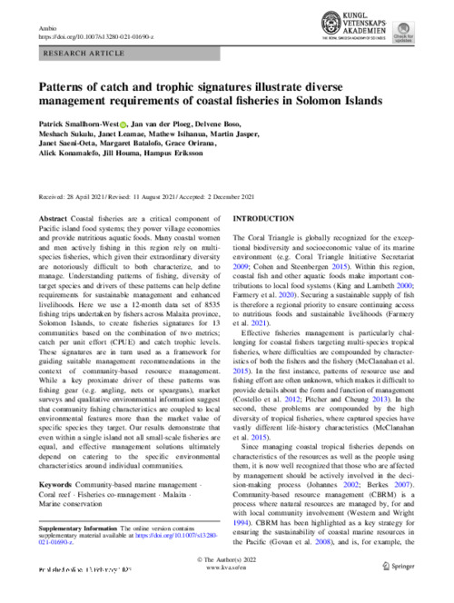 Patterns of catch and trophic signatures illustrate diverse management requirements of coastal fisheries at island scale in Solomon Islands Patterns of catch and trophic signatures illustrate diverse management requirements of coastal fisheries at island scale in Solomon Islands