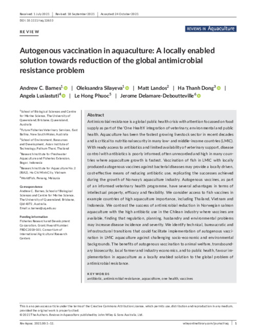 Autogenous vaccination in aquaculture: A locally enabled solution towards reduction of the global antimicrobial resistance problem