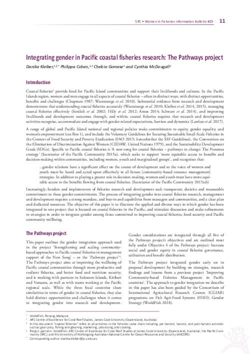 Integrating gender in Pacific coastal fisheries research: The Pathways project Integrating gender in Pacific coastal fisheries research: The Pathways project