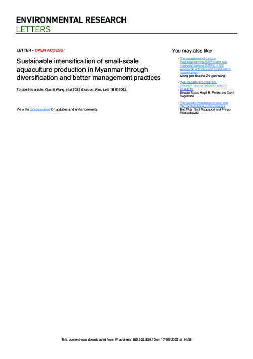 Sustainable intensification of small-scale aquaculture production in Myanmar through diversification and better management practices