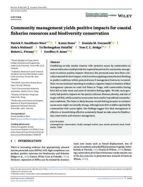 Community management yields positive impacts for coastal fisheries resources and biodiversity conservation Community management yields positive impacts for coastal fisheries resources and biodiversity conservation
