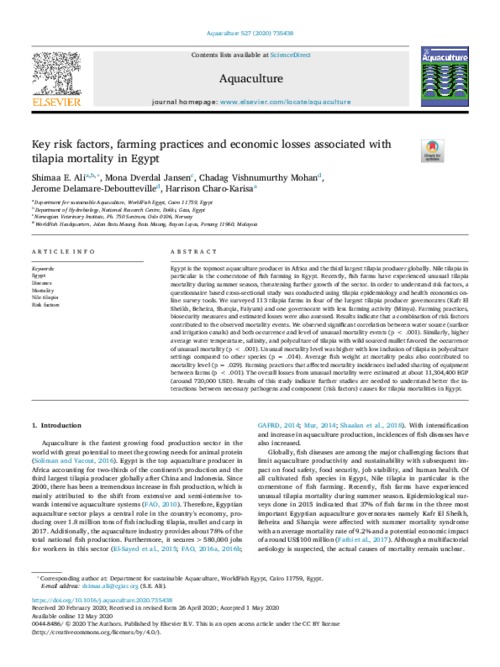 Key risk factors, farming practices and economic losses associated with tilapia mortality in Egypt