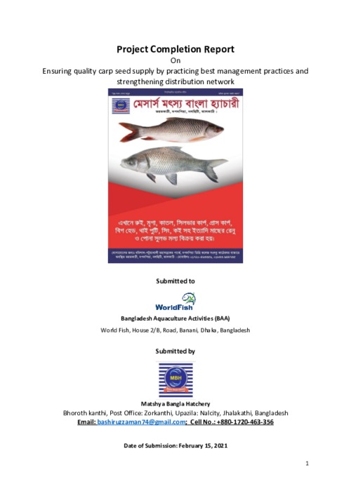Project completion report on Ensuring quality carp seed supply by practicing best management practices and strengthening distribution network Project completion report on Ensuring quality carp seed supply by practicing best management practices and strengthening distribution network