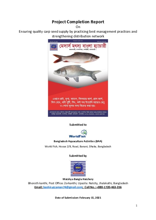 Project completion report on Ensuring quality carp seed supply by practicing best management practices and strengthening distribution network