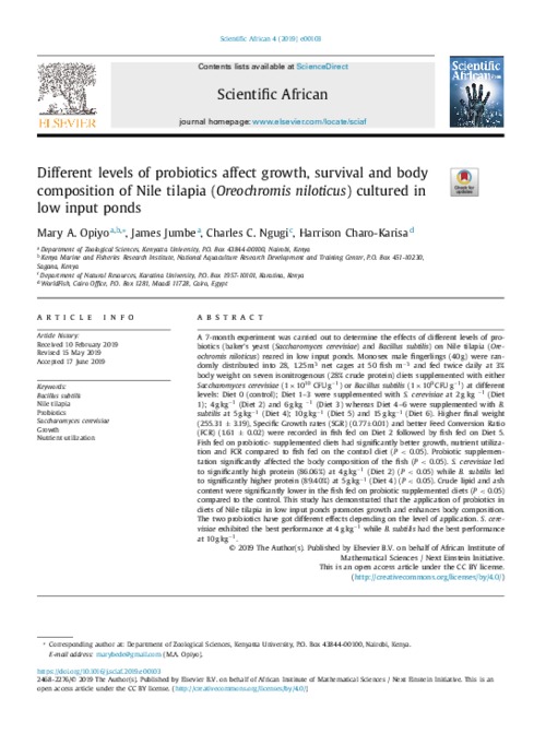 Different levels of probiotics affect growth, survival and body composition of Nile tilapia (Oreochromis niloticus) cultured in low input ponds Different levels of probiotics affect growth, survival and body composition of Nile tilapia (Oreochromis niloticus) cultured in low input ponds