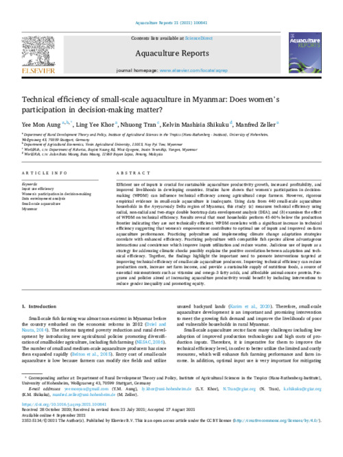 Technical efficiency of small-scale aquaculture in Myanmar: Does women’s participation in decision-making matter?