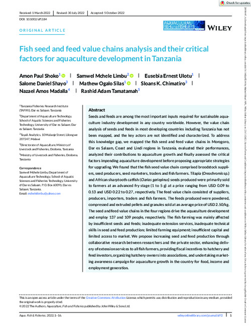 Fish seed and feed value chains analysis and their critical factors for aquaculture development in Tanzania Fish seed and feed value chains analysis and their critical factors for aquaculture development in Tanzania