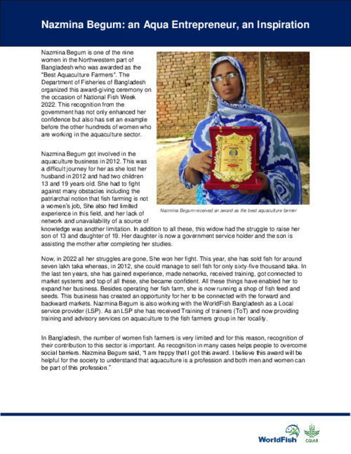 Nazmina Begum: an Aqua Entrepreneur, an Inspiration Nazmina Begum: an Aqua Entrepreneur, an Inspiration