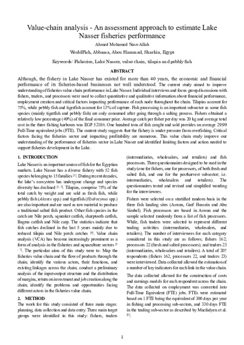 Value-chain analysis - An assessment approach to estimate Lake Nasser fisheries performance