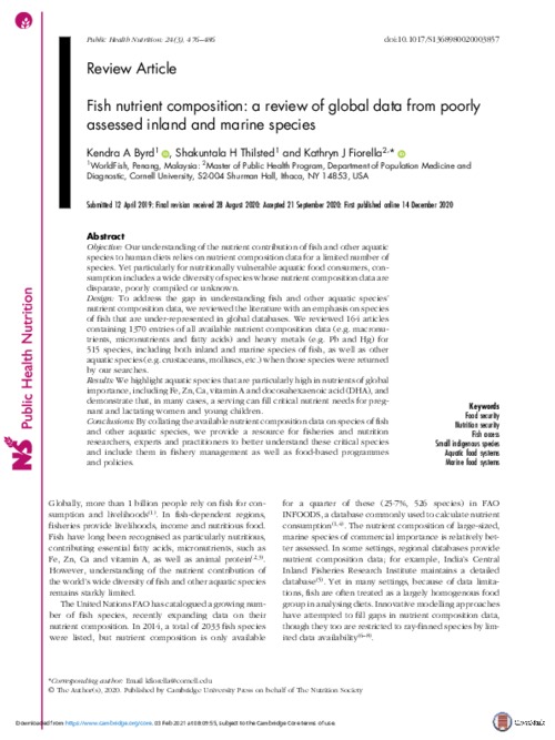 Fish nutrient composition: a review of global data from poorly assessed inland and marine species