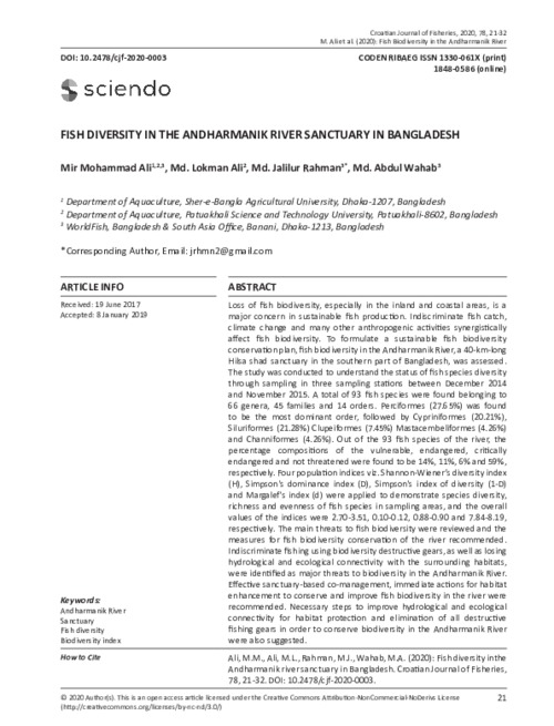 Fish Diversity in the Andharmanik River Sanctuary in Bangladesh