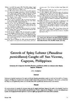 Growth of spiny lobster (Panulirus penicillatus) caught off San Vicente, Cagayan, Philippines Growth of spiny lobster (Panulirus penicillatus) caught off San Vicente, Cagayan, Philippines