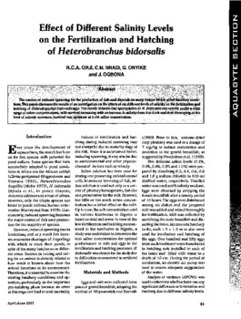 Effect of different salinity levels on the fertilization and hatching of Heterobranchus bidorsalis Effect of different salinity levels on the fertilization and hatching of Heterobranchus bidorsalis