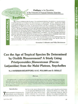 Can the age of the tropical species be determined by otolith measurement?: a study using Pristipomoides filamentosus (Pisces: Lutjanidae) from the Mahe Plateau, Seychelles Can the age of the tropical species be determined by otolith measurement?: a study using Pristipomoides filamentosus (Pisces: Lutjanidae) from the Mahe Plateau, Seychelles
