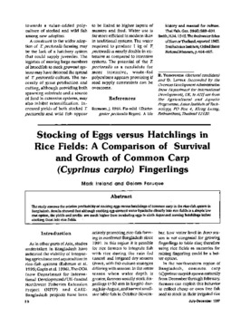 Stocking of eggs versus hatchlings in rice fields: a comparison of survival and growth of common carp (Cyprinus carpio) fingerlings Stocking of eggs versus hatchlings in rice fields: a comparison of survival and growth of common carp (Cyprinus carpio) fingerlings