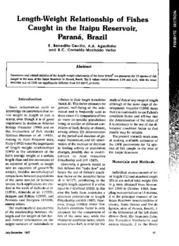 Length-weight relationship of fishes caught in the Itaipu Reservoir, Parana, Brazil Length-weight relationship of fishes caught in the Itaipu Reservoir, Parana, Brazil