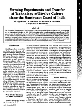 Farming experiments and transfer of technology of bivalve culture along the southwest coast of India Farming experiments and transfer of technology of bivalve culture along the southwest coast of India