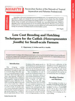 Low cost breeding and hatching techniques for the catfish (Heteropneustes fossilis) for small-scale farmers
