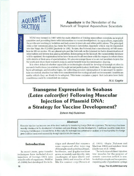 Transgene expressions in seabass (Lates calcarifer) following muscular injection of plasmid DNA: a strategy for vaccine development? Transgene expressions in seabass (Lates calcarifer) following muscular injection of plasmid DNA: a strategy for vaccine development?