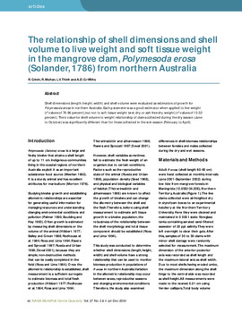 The relationship of shell dimensions and shell volume to live weight and soft tissue weight in the mangrove clam, Polymesoda erosa (Solander, 1786) from northern Australia The relationship of shell dimensions and shell volume to live weight and soft tissue weight in the mangrove clam, Polymesoda erosa (Solander, 1786) from northern Australia