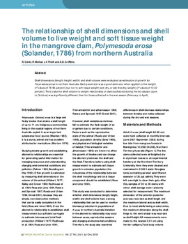 The relationship of shell dimensions and shell volume to live weight and soft tissue weight in the mangrove clam, Polymesoda erosa (Solander, 1786) from northern Australia