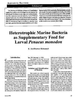 Heterotrophic marine bacteria as supplementary feed for larval Penaeus monodon Heterotrophic marine bacteria as supplementary feed for larval Penaeus monodon