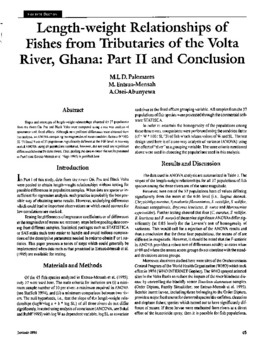 Length-weight relationships of fishes from tributaries of the Volta River, Ghana: Part II and Conclusion Length-weight relationships of fishes from tributaries of the Volta River, Ghana: Part II and Conclusion