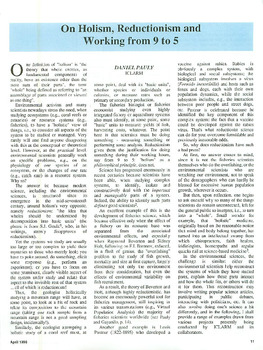 On holism, reductionism and working from 9 to 5 On holism, reductionism and working from 9 to 5