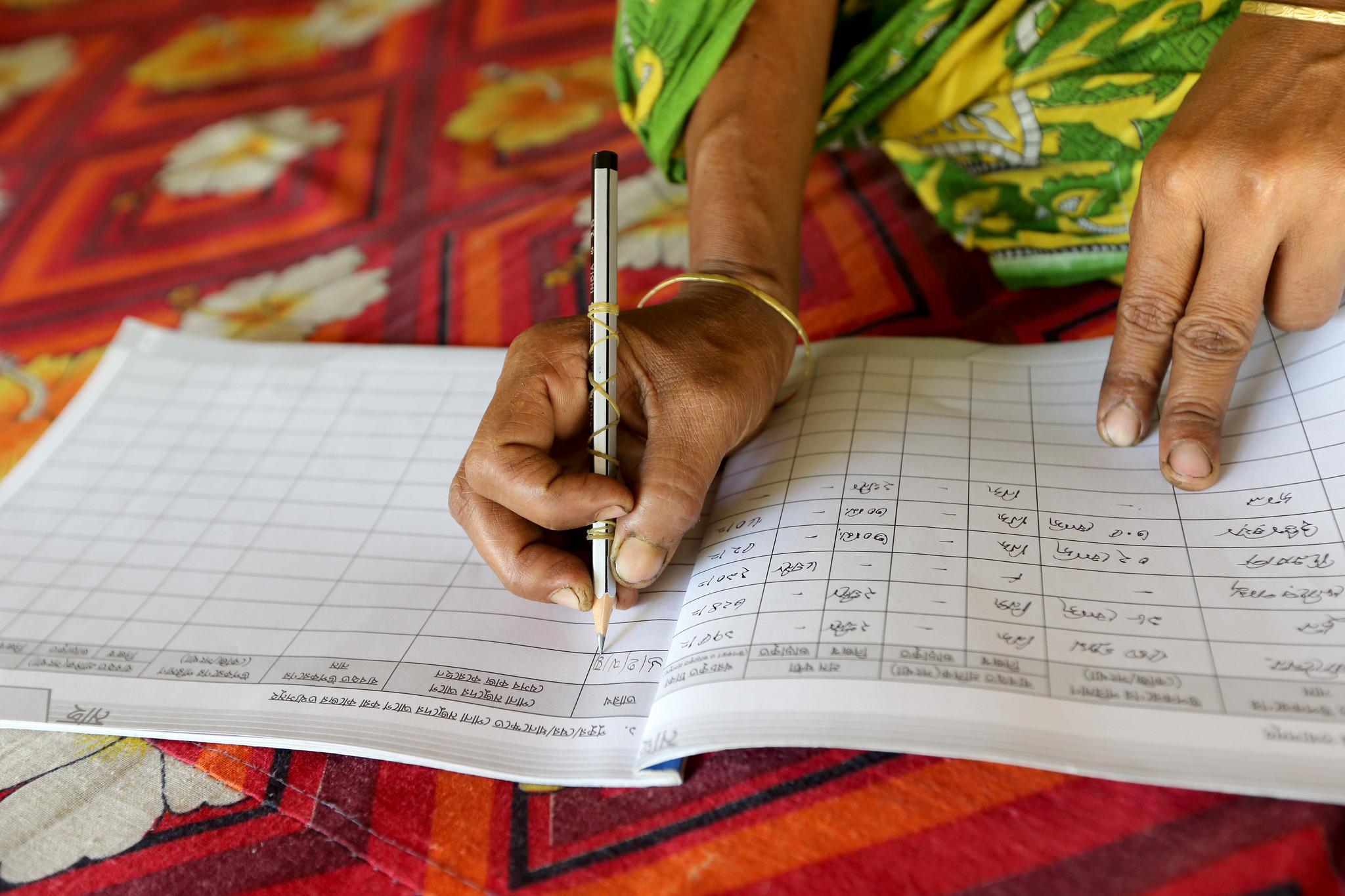 A woman writing data on her data entry book in Jessore, Bangladesh. Photo by M. Yousuf Tushar.