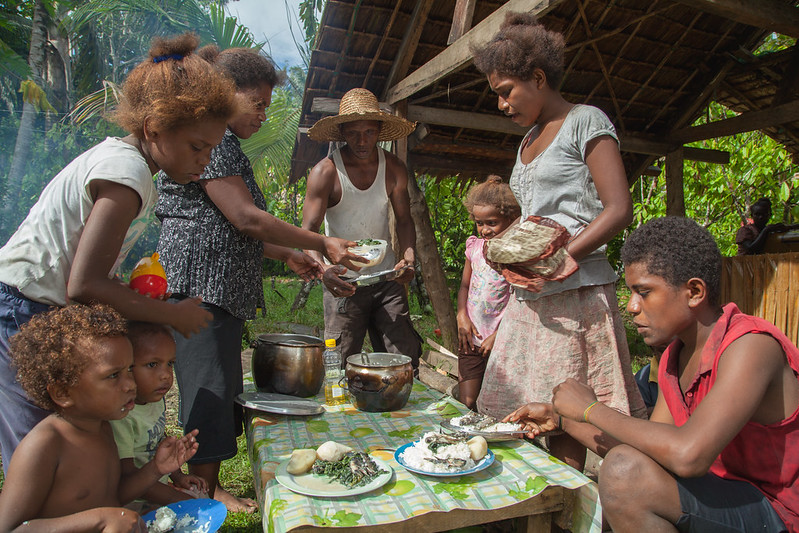 A family shares a meal of Mozambique tilapia