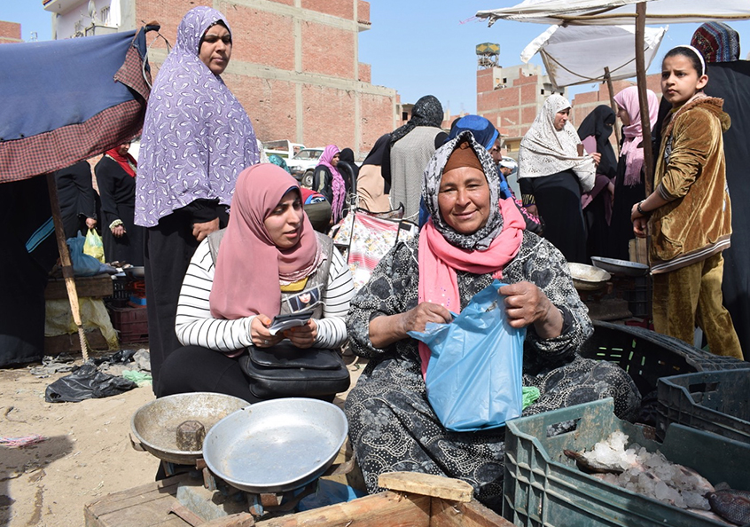 EWFIRE researcher asking a local woman fish retailer in Abu-Hammad market, Sharkia, Egypt.