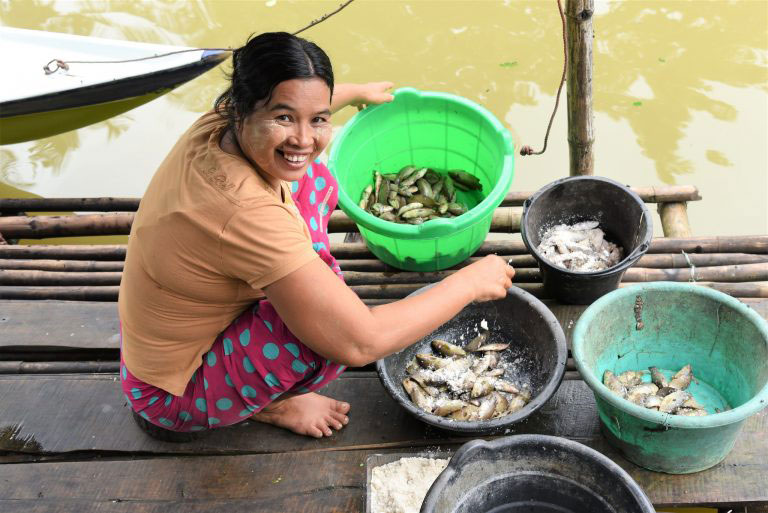 Daw Cho Mar salts freshwater fish in Papin Village