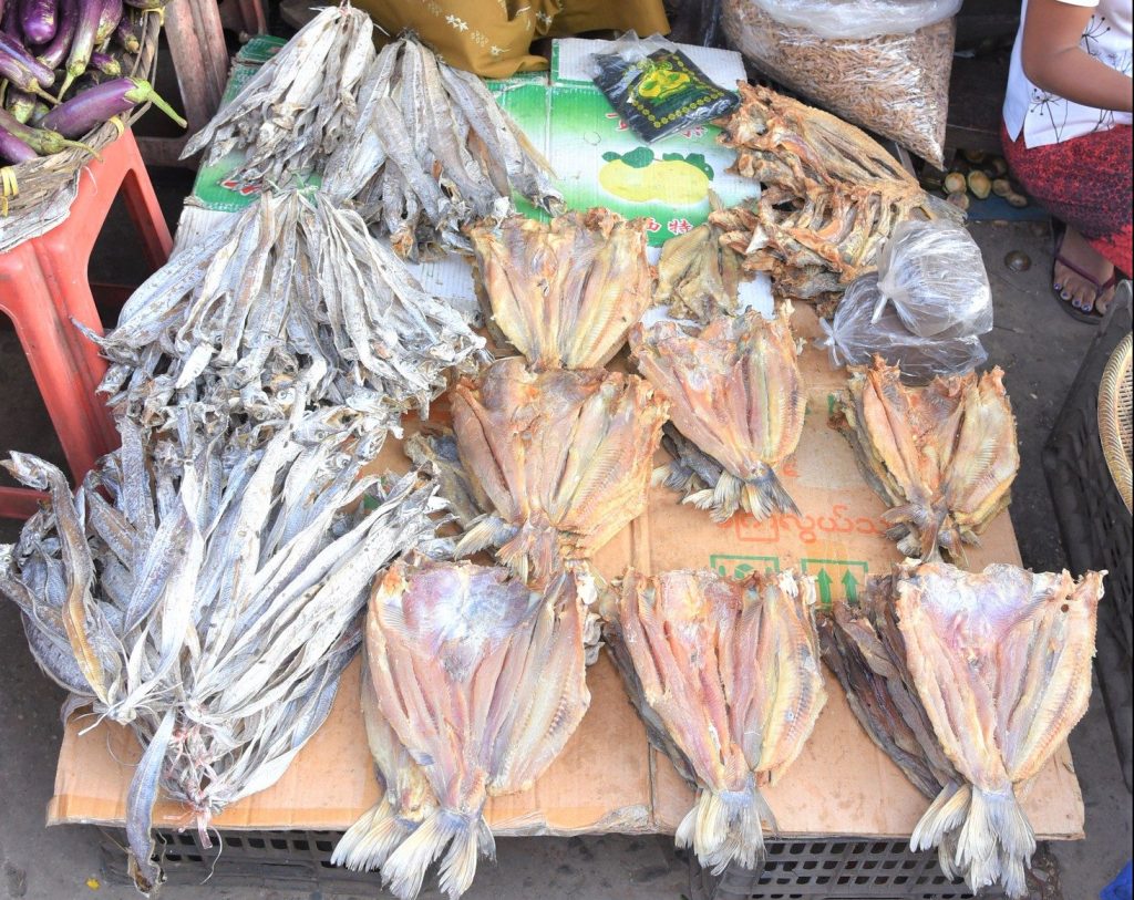 Mixed dried and processed fish sold by a road-side vendor, Myanmar. Photo by Mike Akester.