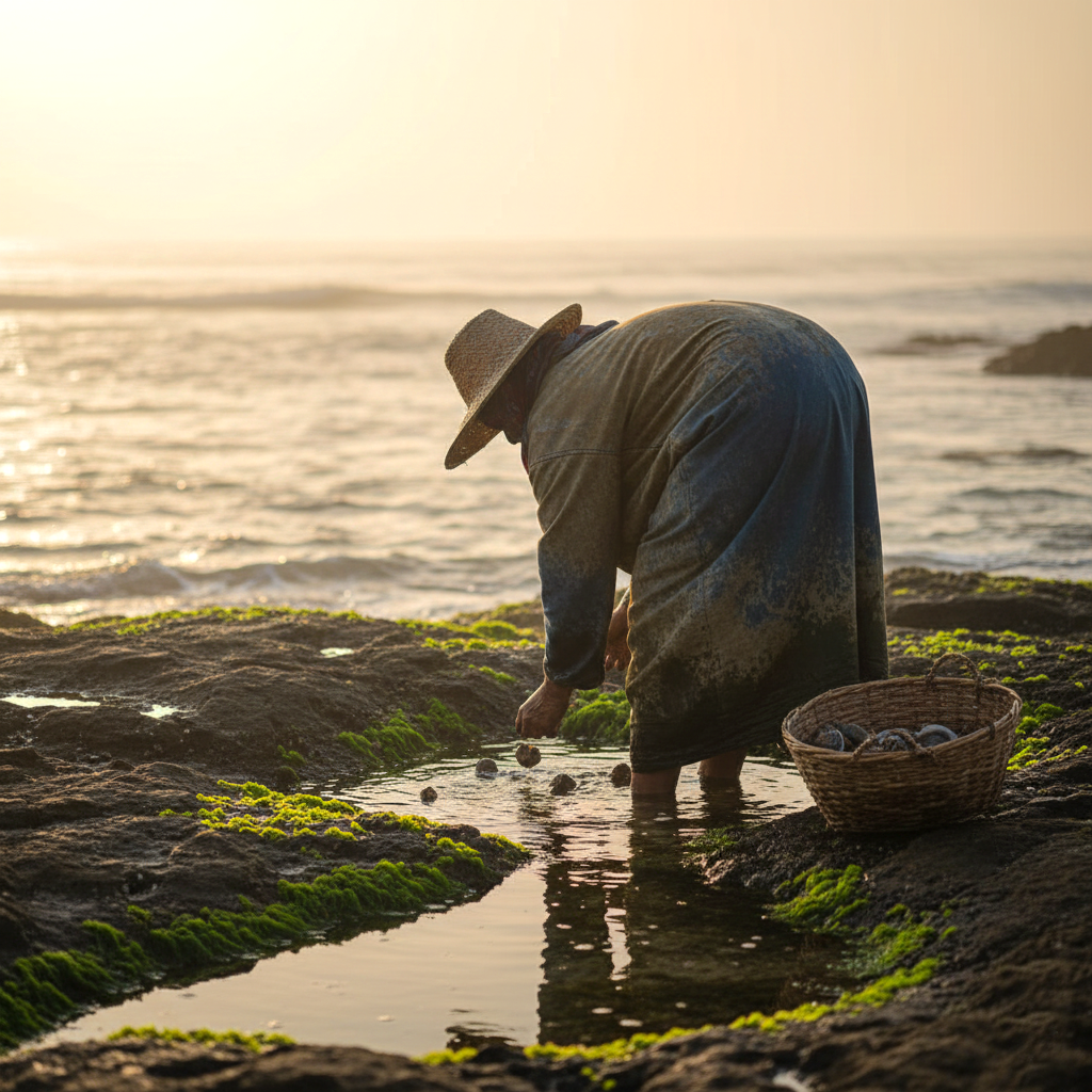 A Moroccan woman engaged in gleaning activities by the Atlantic coastline. Photo by Menna Mosbah, Gender and social inclusion consultant, WorldFish, Egypt. 2024. Edited by Photoshop.