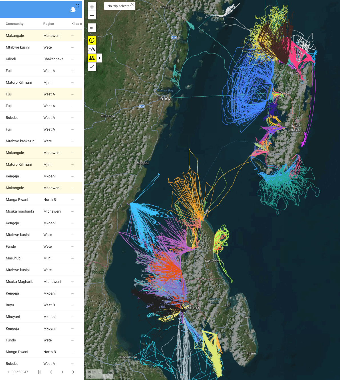 Image of the Pelagic Data Systems dashboard showing a selection of tracks from the Zanzibar small-scale fishing fleet