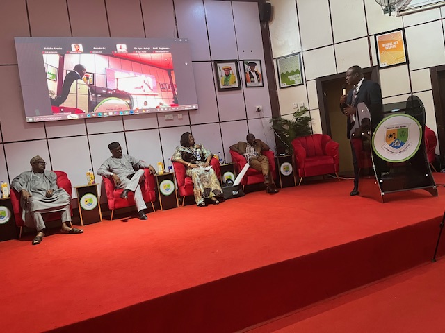 Dr. Charles Iyangbe, Country Representative of WorldFish Nigeria, delivering his plenary address at the FISON 2025 conference.