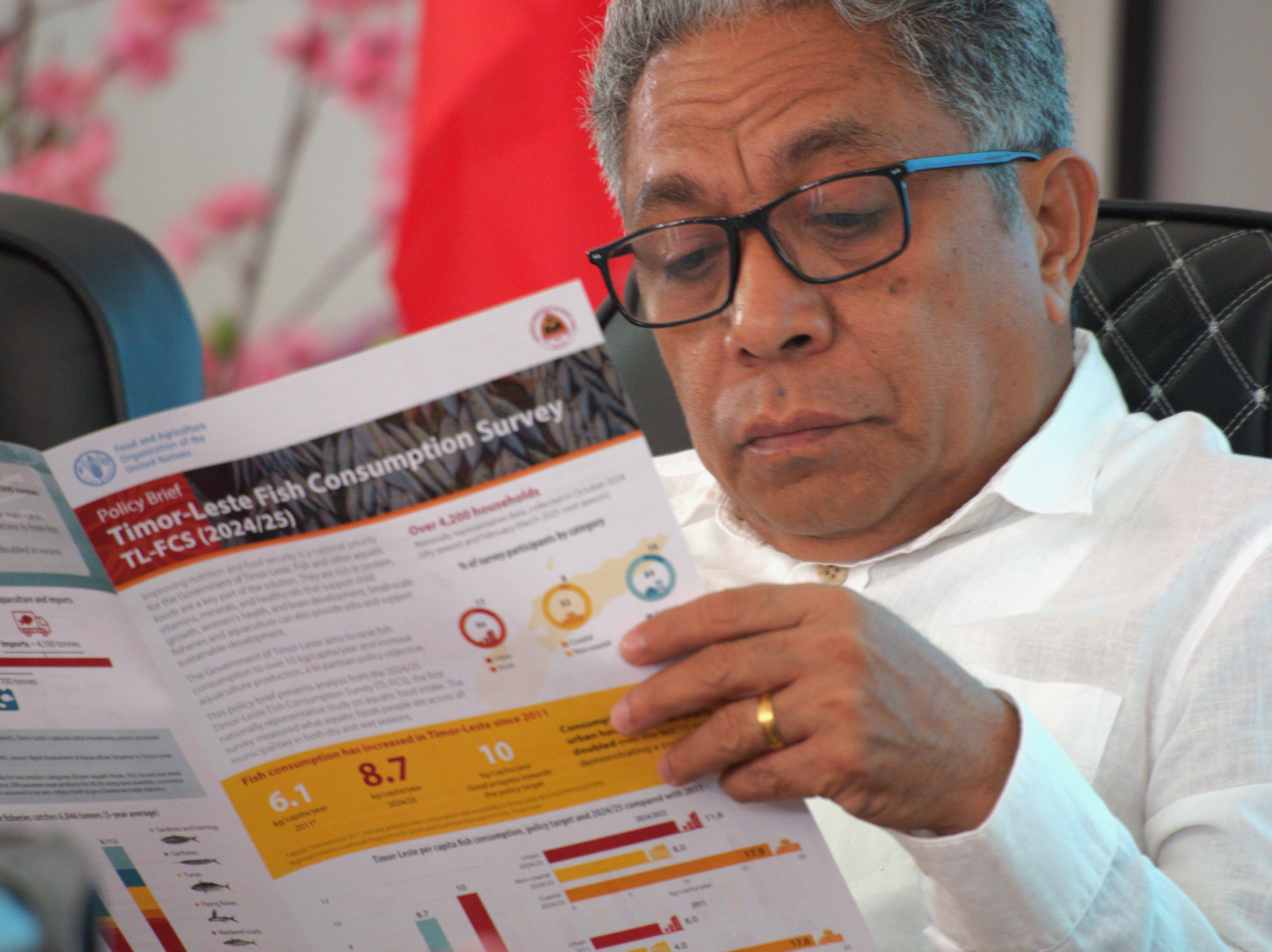 H.E. Marcos da Cruz, Minister of Agriculture, Livestock, Fisheries and Forestry, reviews findings from Timor-Leste’s first nationally representative Fish Consumption Survey.