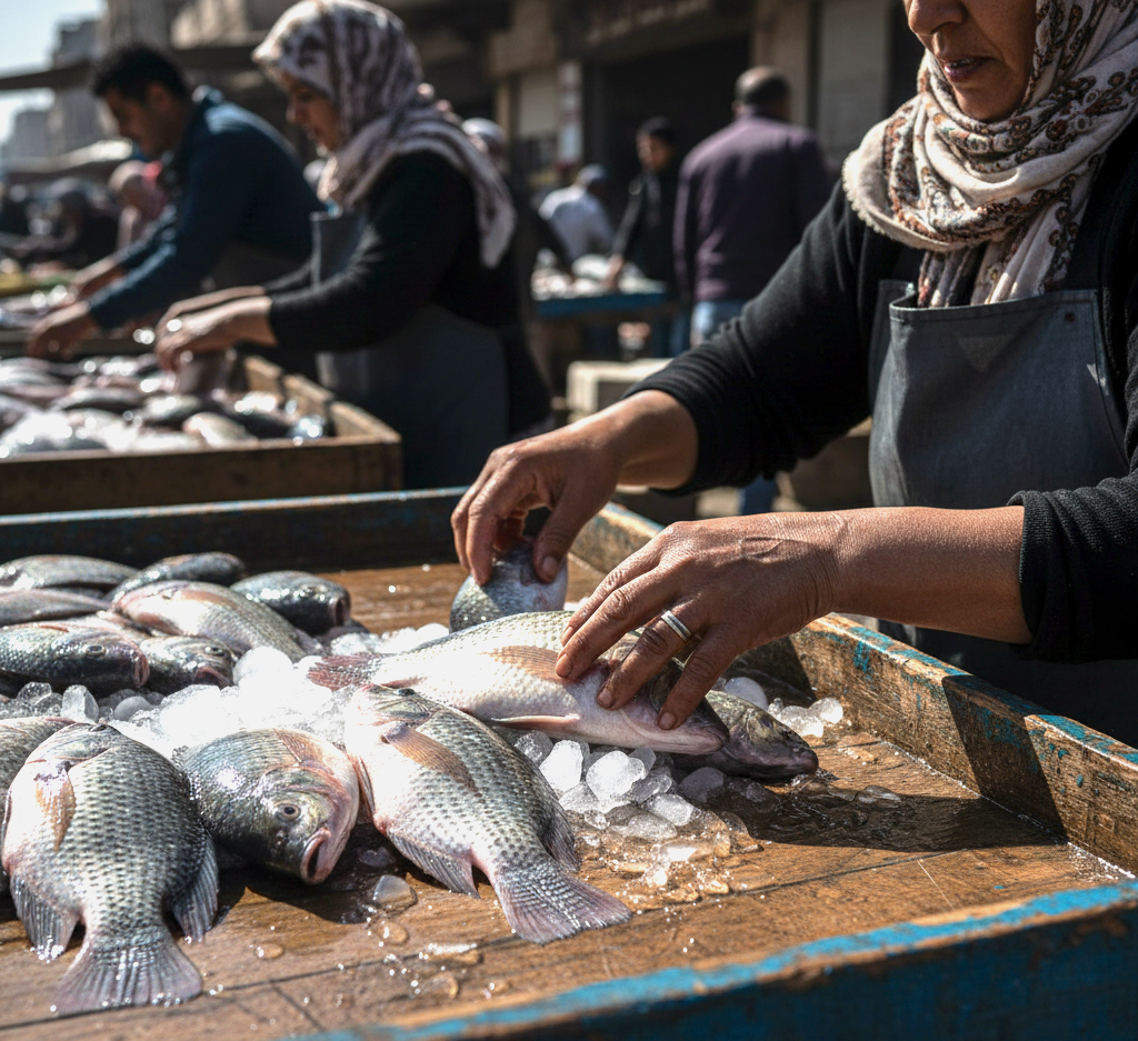 The traditional practices of cooling Nile tilapia practiced by women fish retailers and sellers at local markets in Nile Delta of Egypt. Photo by Menna Mosbah, Gender and social inclusion consultant, WorldFish, Egypt. 2025.