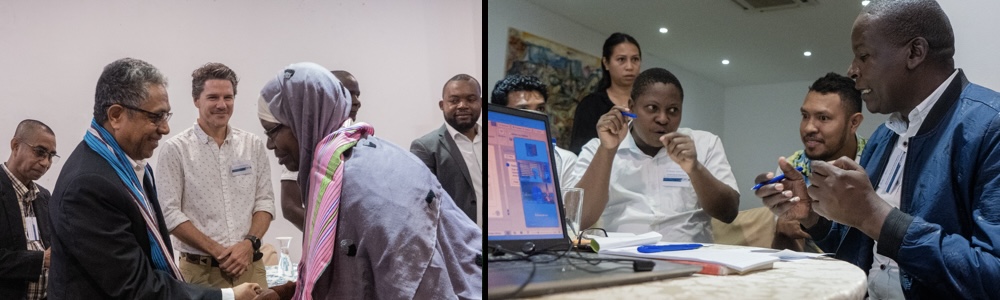 Timor-Leste Minister of Agriculture, Livestock, Fisheries, and Forestry Marcos da Cruz presenting a tais to Bishara Ali Juma from Tanzania’s Zanzibar region at the opening of the Digital Fisheries Monitoring Knowledge Exchange workshop in Dili on 23 April 2024.