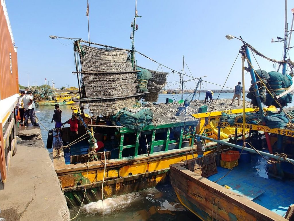 Trawler with fish drying above the cabin in Visakhapatna, India. Photo by Derek Johnton.